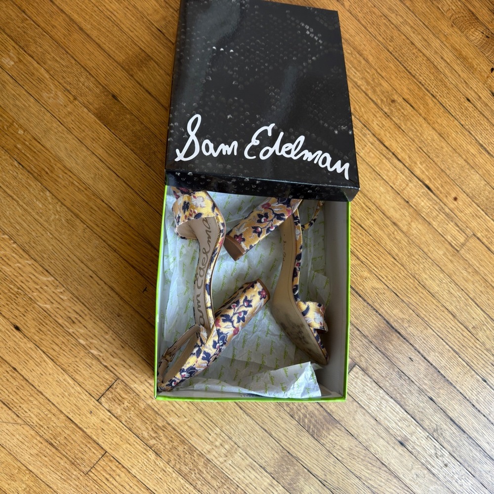 Sam Edelman Yaro Yellow Floral Brocade Ankle Strap Block Heel Sandals 9 - Picture 10 of 10